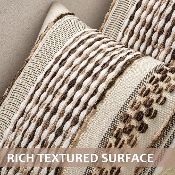 ANRODUO Boho Decorative Pillow Covers Dark Brown Stripe 20x20 Pack of 2 | Throw Pillow Covers, Farmhouse Cushion Case, Chenille Pillow Cases, Pillow Covers, Accent Neutral Pillowcase for Couch Bed