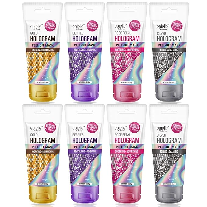 Epielle Hologram Glitter Peel-Off Face Masks - Toning & Calming | 8 Variety Pack Single-Use Testers | Gift Set, Spa Gift | Korean Skincare