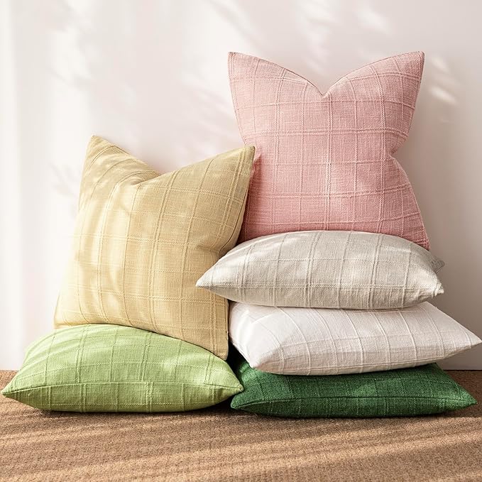 Foindtower Set of 2 Decorative Linen Check Throw Pillow Covers Neutral Farmhouse Lumbar Cushion Covers Modern Boho Accent Home Decor for Sofa Chair Couch Bedroom Living Room,12×24 Inch,Light Pink