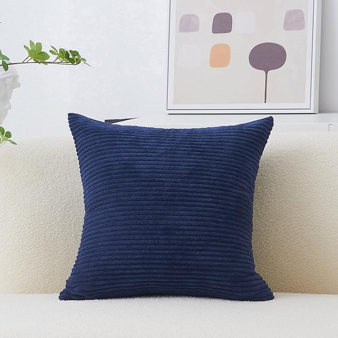 Home Brilliant Striped Textured Velvet Corduroy Decorative Europe Sham Throw Pillow Cushion Cover for Couch Bedroom, Navy Blue, (66x66 cm, 26inch)