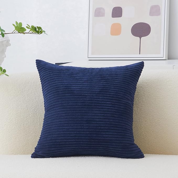 Home Brilliant Square Decorative Pillow Cover Dark Blue Solid Plush Pillow Case 20x20 Corduroy Striped Throw Pillow Cover for Sofa Couch Bed, 20 x 20 inch (50cm), Navy Blue