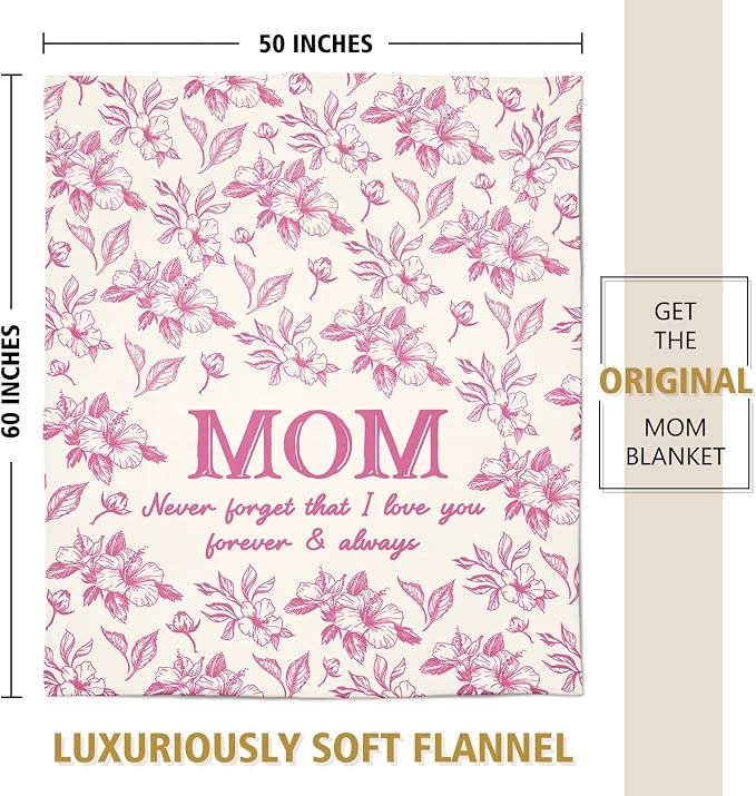 Gifts for Mom, Mom Birthday Gifts from Daughter Son, To My Mom Blanket | I Love You Mom Gifts for Birthday, Christmas, Mothers Day, Blanket for Mom with Hibiscus Flowers Print, 60" x 50", Pink