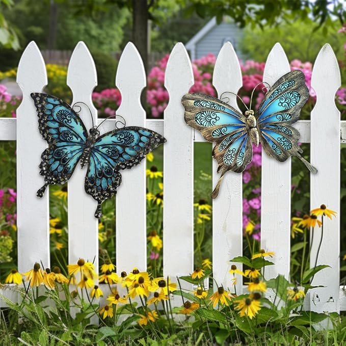 LIFFY Metal Butterfly Wall Decor,2Pack 12" Hanging Glass Butterfly Outdoor Decor,Garden Decorative Ornaments Outside for Home,Yard,Fence,Patio