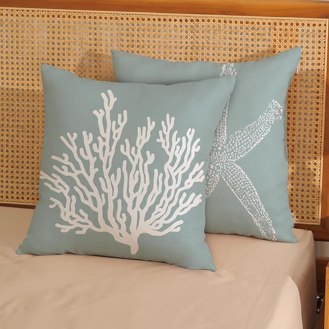 Coastal Pillow Covers 18x18 Inch Set of 2 Blue Coral Starfish Throw Pillows Nautical Ocean Decorations Summer Linen Beach Pillowcase Outdoor Decor Farmhouse Cushion Case for Home Living Room
