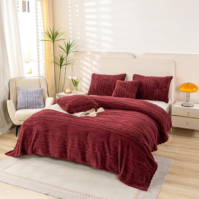YUSOKI Sherpa Fleece Queen Size Blanket, Burgundy Red, 90"x90" | 3D Stylish Design,320GSM, Non-Shedding, Lightweight for All Season Use, stays fluffy after repeated washes, Perfect Gifts