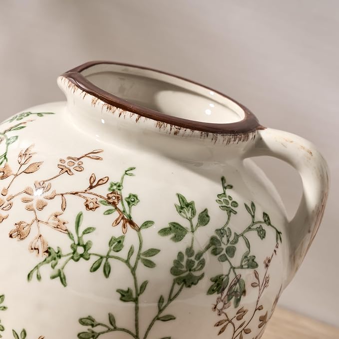 Green and Beige Antique Vase, 5.39 Inch Vintage Chinoiserie Floral Vase, Rustic Ceramic Vase for Home Decor, Living Room, Bookshelf, Office, Entryway, Garden, Chinoiserie Decor, Tuscan Decor