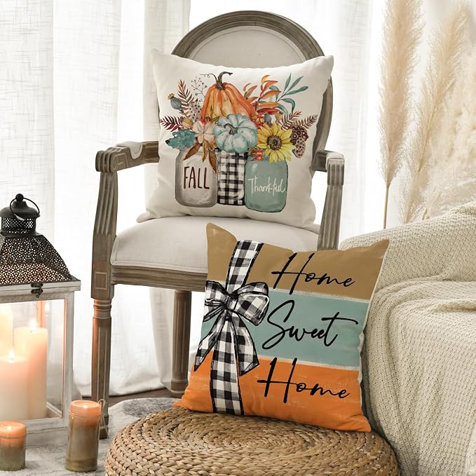 AVOIN colorlife Fall Pumpkin Home Sweet Home Throw Pillow Covers, 20 x 20 Inch Autumn Thankful Grateful Blessed Harvest Floral Decorations for Sofa Couch Set of 4, Blue