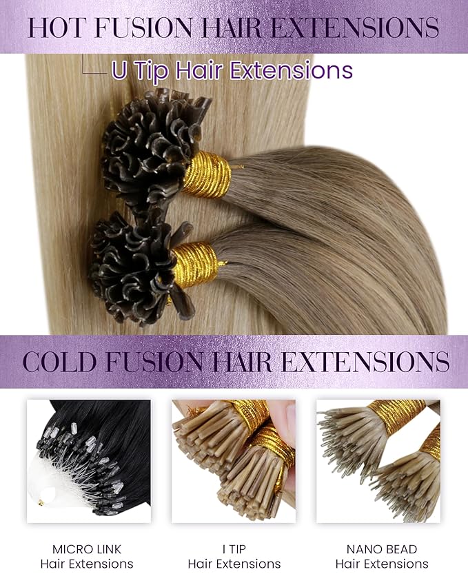 LaaVoo U Tip Hair Extensions Human Hair Light Brown to Ash Blonde Mix Platinum Blonde Balayage Utip Hair Extensions 20 Inch 50g/50s