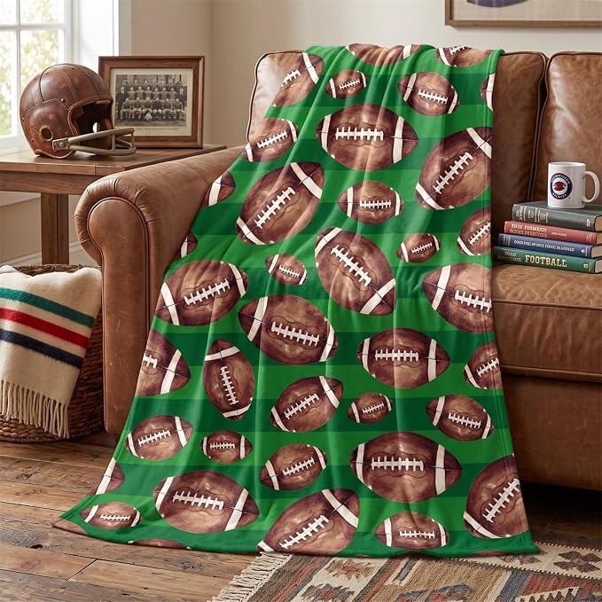 Horaldaily Football Green Flannel Throw Blanket 60x80 | All Season Using Ultra Soft Fuzzy Plush Cozy Non-shedding Blanket for Couch Sofa Bed Camping, Ideal Gift for Kids Adults