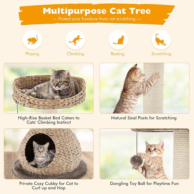 Tangkula Modern Cat Tree, Small Cat Tower with Natural Sisal Scratching Post, Hand-Made Wicker Cat Condo & Top Perch, Funny Hanging Toy Ball, Cute Cat Tree Tower for Indoor Cats