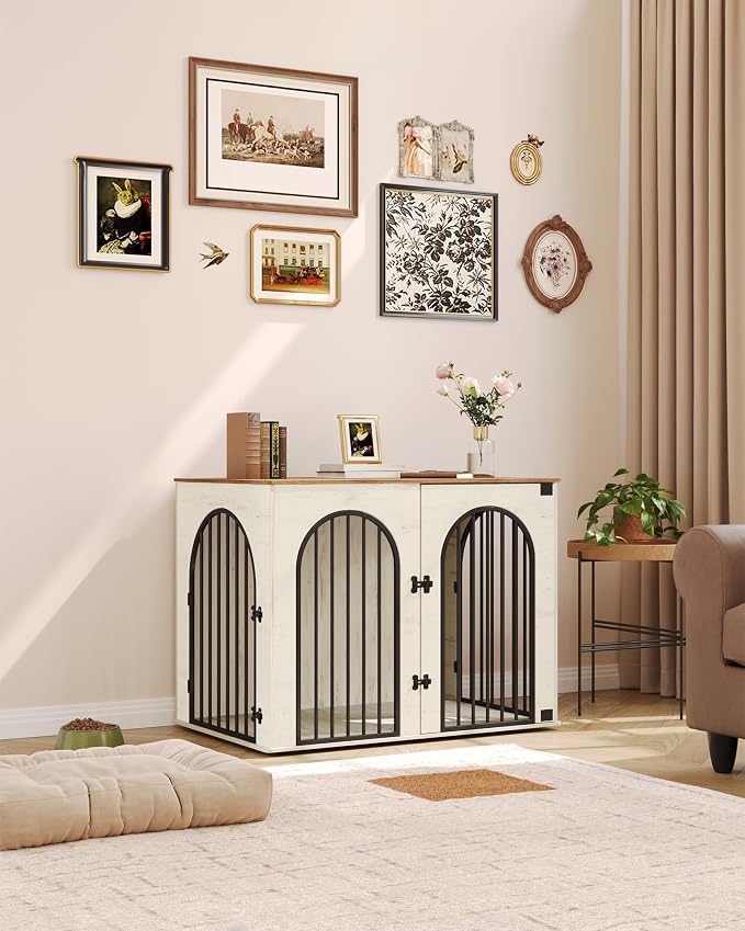 Hzuaneri 44.1'' Dog Crate Furniture,Dog Kennel Indoor for Medium/Large Dogs | Dog Kennel Furniture Wooden Dog Cage Heavy Duty Dog Crate Decorative Pet House End Side Table TV Stand,White Brown DFC83914B
