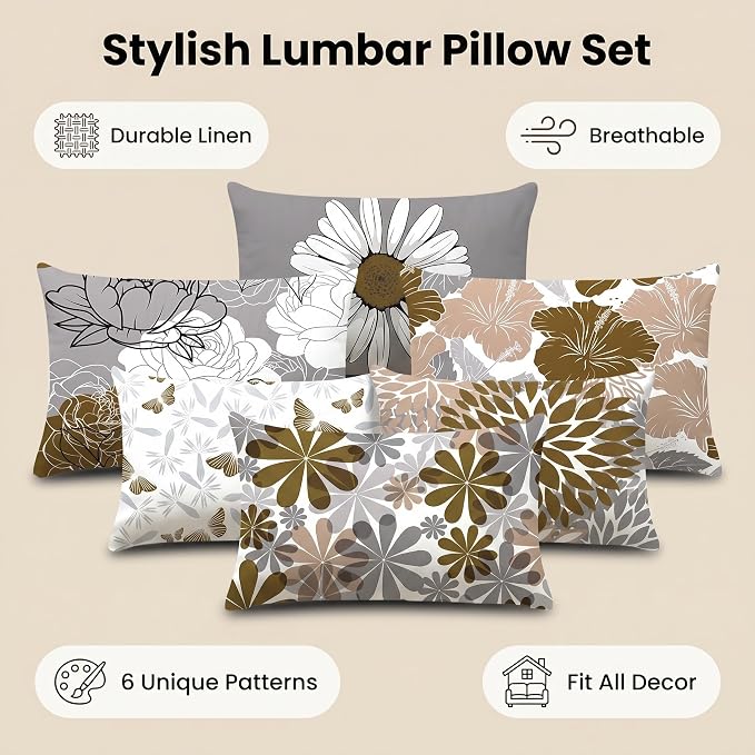 COMMINY Brown Grey Lumbar Pillow Covers 12x20 Set 6 Linen Throw Cover | Daisy Dhalia Pattern, Lumbar Pillow Size, Breathable Linen, Bed Bench Office Chair, Neutral farmhouse decor