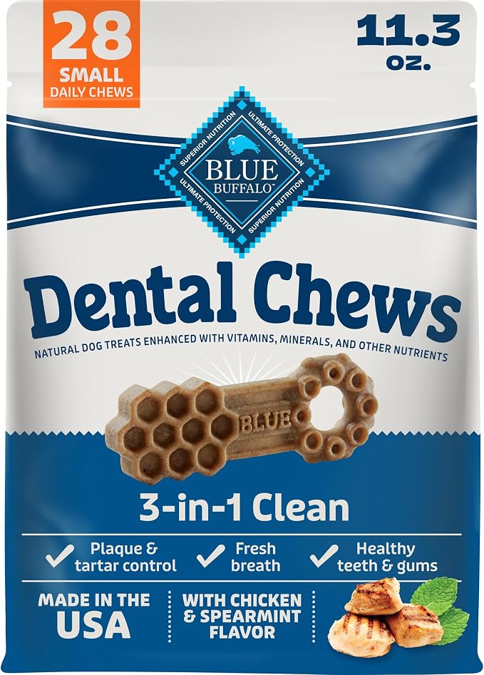 Blue Buffalo Chicken & Spearmint Small Dental Chews, 11.3 oz, 28 ct | 50 Ridges & Grooves Fight Plaque & Tartar, Spearmint Freshens Breath, Natural Ingredients