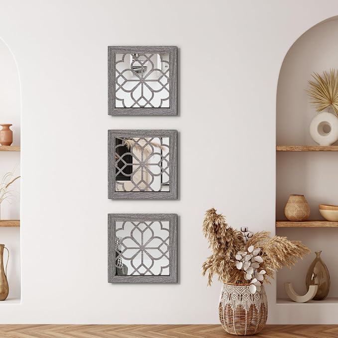 Set of 4 Boho Wall Mirrors with Carved Floral Design, 12x12 Inch Rustic Farmhouse Accent Mirrors, Vintage Style Shatterproof Square Mirror Decor for Living Room, Bedroom(Brown)