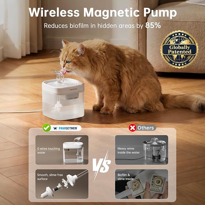 PAWGETHER® Cat Water Fountain with Wireless Pump 51oz/1.5L Dog Water Fountain, Ultra Quiet Automatic Pet Water Fountain Portable Indoor Ourdoor Travel Small Dog Water Dispenser with Adapter White