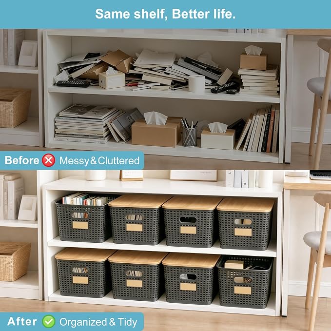 2 Pack Tall Plastic Storage Bins with Bamboo Lids, 10.8qt Stackable Storages Baskets for Organizing Desktop Closet Playroom Classroom Office, 12"L x 8.3"W x 6.1"H, Gray
