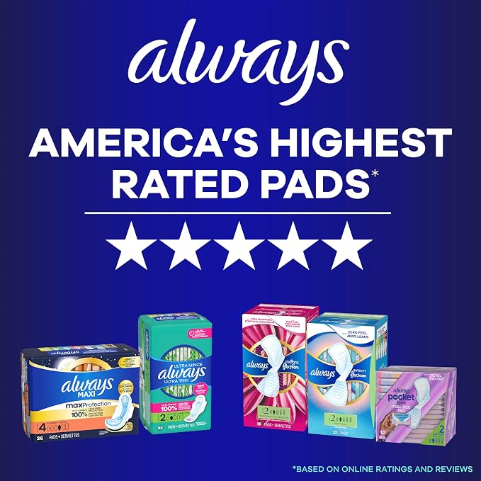 Always Maxi Overnight Feminine Pads with Wings for Women, Size 5, Extra Heavy Overnight Absorbency, Unscented, Up to 100% Leak-Free Protection, 27 Count