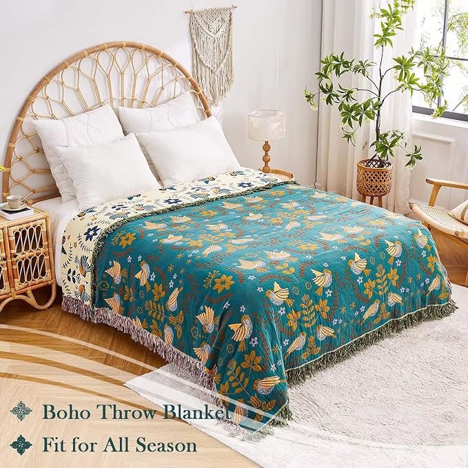 XIBLC Boho Throw Blanket, 100% Cotton Ultra Soft Luxury Throw Rustic Quilt, 50"x60" Floral Printed Farmhouse Decor Bed Summer Blankets, All Season Reversible Bohemian Throw for Bed