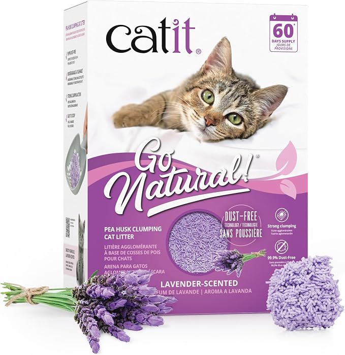 Catit Go Natural Pea Husk Clumping Cat Litter, 12.3 lb, Lavender Scented | Lightweight, Dust Free, Easy Cleaning & Scooping, Flushable Kitty Litter with Odor Control & Subtle Fragrance