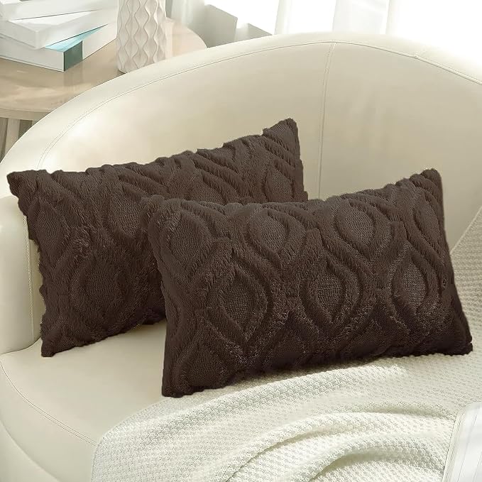 decorUhome Faux Fur Soft Dark Brown Throw Pillow Covers 12x20 Set of 2 | Plush Solid Fall Couch Pillow Covers, Accent Modern Farmhouse Neutral Decorative Square Pillow Cases for Sofa Bed Living Room