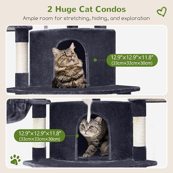 Globlazer 66in Corner Cat Tree Tower for Indoor Large Cats, C66, Dark Grey | Space-Saving Stable Adult Cat Tower with 6 Scratching Posts, 2 Large Fan-shaped Condos & Top Perch, Hammock, Climbing Steps