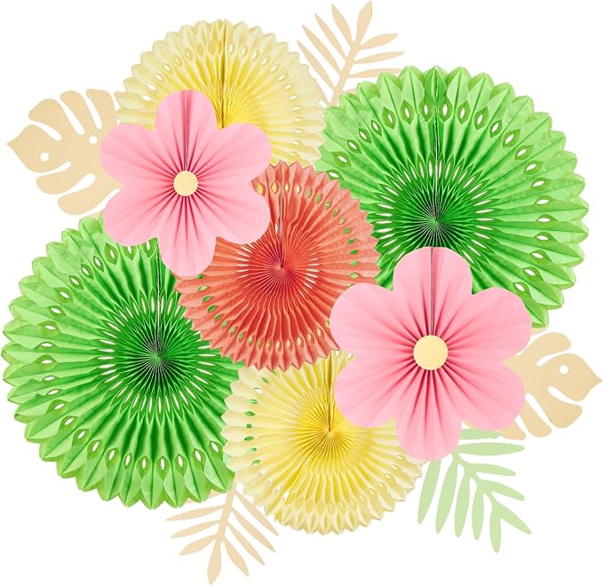 SUNBEAUTY Paper Flowers Pink and Green Party Decorations Hanging Fans Spring Summer Decor for Wall Wedding Backdrop Bridal Shower Birthday - 9Pcs