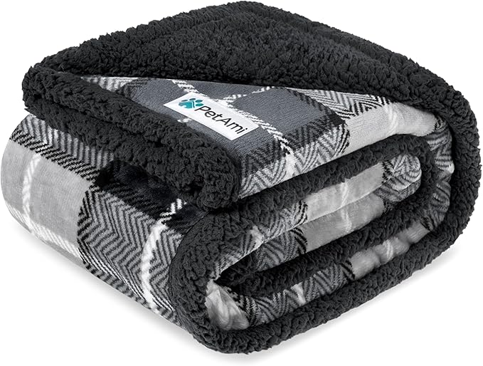 PetAmi Waterproof Dog Blanket for Medium Large Dog Pet, 60x40, Plaid Grey | 460 GSM Sherpa Fleece Reversible, Pee Proof Cat Throw, Furniture Protector Cover for Couch Bed Sofa Kennel, Washable, Large