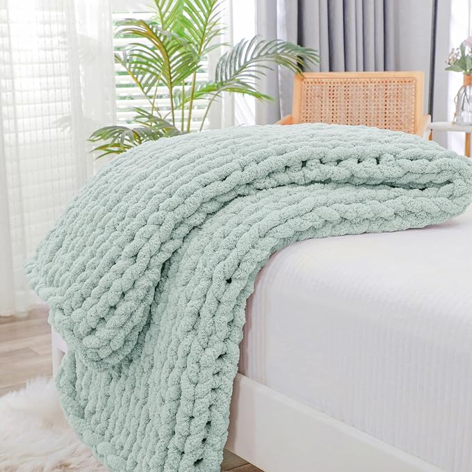 Bigacogo Chunky Knit Throw Blanket for Couch, 40x40 inches, Mint | Hand Knit with Jumbo Chenille, Soft Breathable Cable Knit for Sofa Bed Living Room, Machine Washable, Gift for Mom Friend