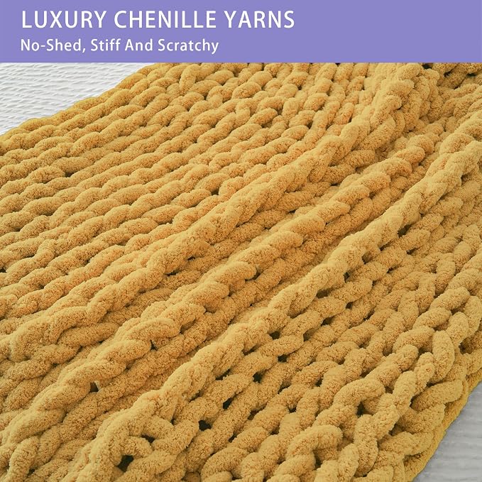 Bigacogo Chunky Knit Throw Blanket for Couch, 40x40 inches, Mustard Yellow | Hand Knit with Jumbo Chenille, Soft Breathable Cable Knit for Sofa Bed Living Room, Machine Washable, Gift for Mom Friend