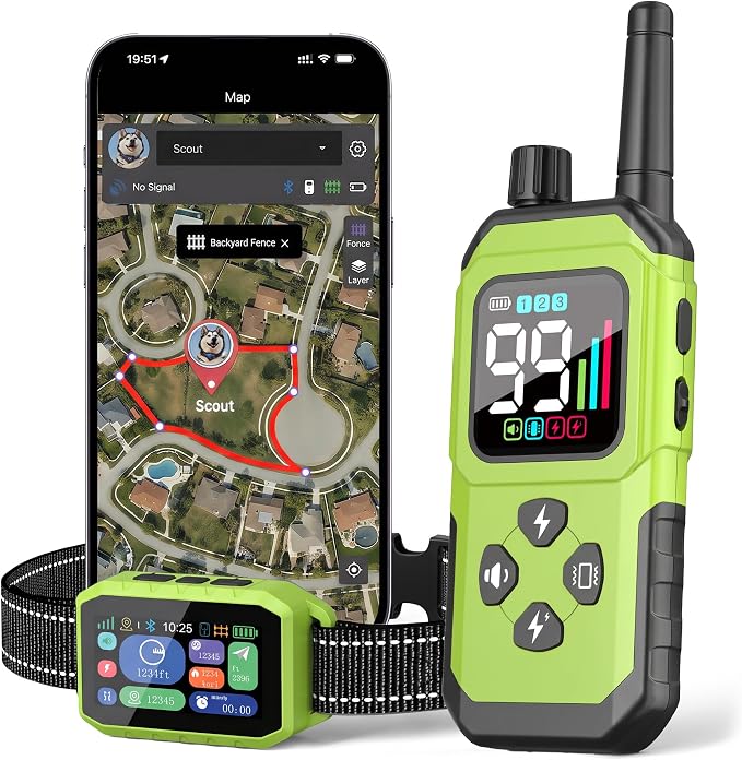 GPS Wireless Dog Fence & Remote Training Collar, Free APP Control, No Subscription Fee, Adjustable GPS Boundary, Green, Dogs 10-120 lbs