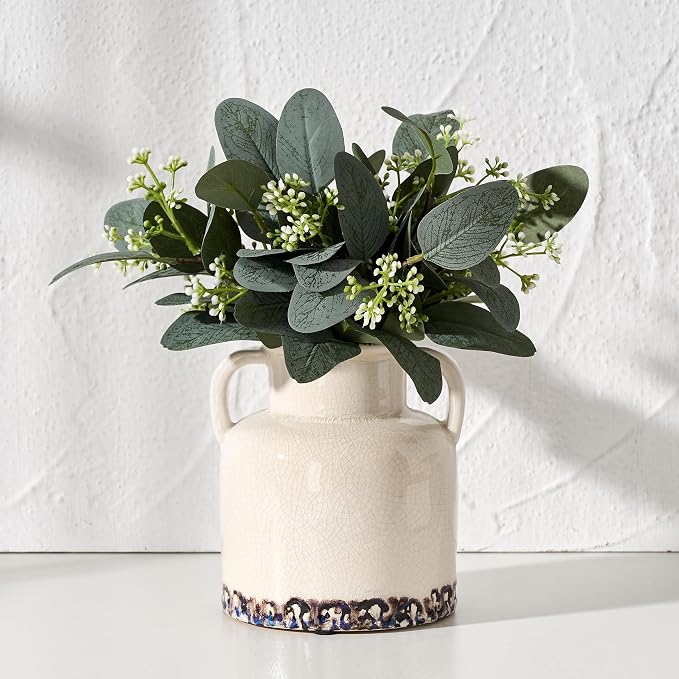 Emotionally Grounded Vase, Vaseking Ceramic Rustic Vase with 2 Handles, 5.83 inch Minimalist Decorative Farmhouse Vases for Home Decor, Living Room, Enterway, Table Decoration, White