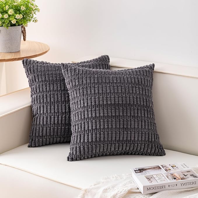 Pack of 2 Corduroy Decorative Throw Pillow Covers 18x18 Inch, Dark Grey | Fall Soft Striped Pillow Covers Modern Farmhouse Home Decor Christmas Throw Pillow Covers for Sofa Living Room Couch Bed