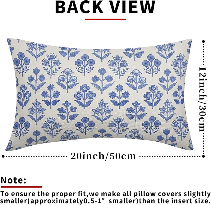 Blue Floral Pillow Covers 12x20 Inch Set of 2, Block Print Lumbar Flower Cream Decorative Throw Pillowcases Outdoor Farmhouse Rectangle Cushion Covers Spring Summer Sofa Couch Bed Decor
