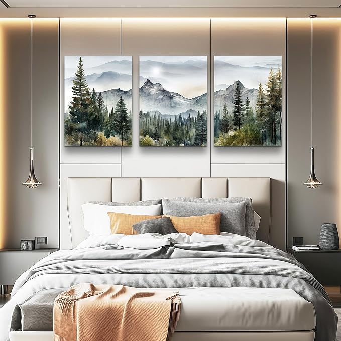 MHARTK66 Large Size Wall Art for Living Room Modern Wall Decor for Bedroom Office Decor Abstract Mountain Forest Landscapes Ink Painting 3 Piece Framed Canvas Art Prints Ready to Hang Wall Pictures