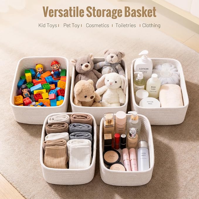 5 Pack Small Woven Storage Baskets for Shelves, Gift Baskets Empty | 11.8"x7.9"x4.7", Decorative Cotton Rope Baskets Organizer, Cute Storage Bins for Organizing Bathroom, Closet, Nursery, White