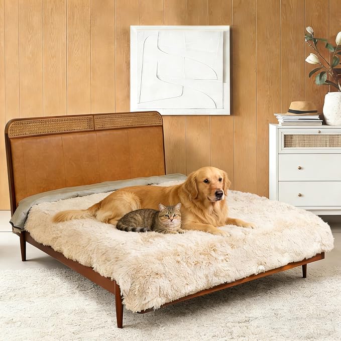 Waterproof Dog Bed Cover, Dog Pad Soft Plush Pet Blanket with Anti-Slip Back for Bed Couch Sofa, Furniture Protector for Small, Medium and Large Dogs and Cats (Beige, 82"x102")