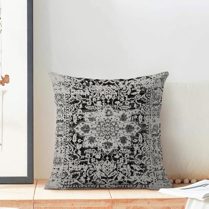 AEIOAE Boho Pillow Covers 16x16 Inch Set of 2,Black Grey Gray Carpet Pattern Throw Pillows Case,Ethnic Design Retro Outdoor Decorative Square Linen Farmhouse Decor Cushion Covers for Home Sofa Couch