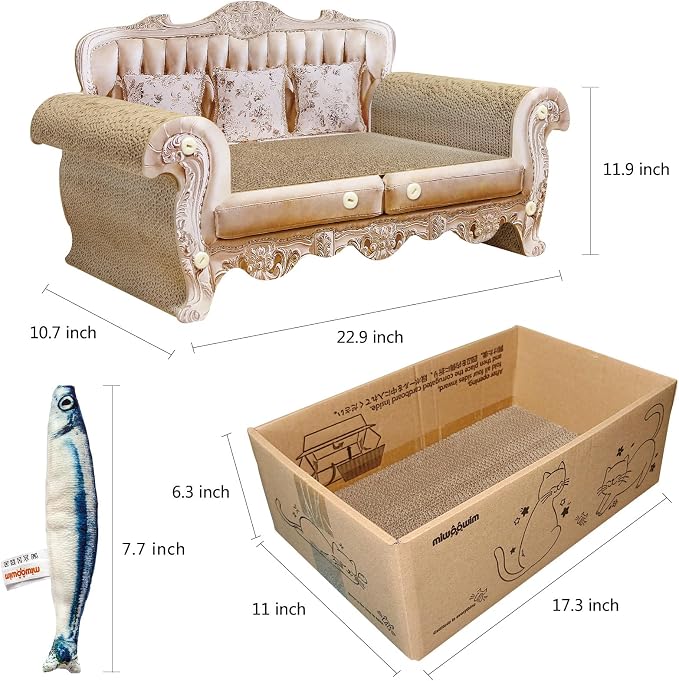 miwoowim Royal Cat Scratcher Sofa & Box, Durable Cardboard Furniture Guard | Luxury 2PCS Set, 23" Unique Couch & 17.3" Cute Box with Scratch Corrugated Pad, Modern Large Lounger for Indoor Cats
