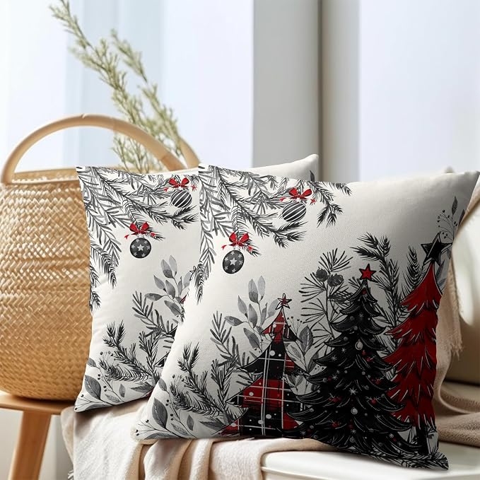 Kawani Vintage Christmas Trees Pillow Covers 22x22 Inches, 2 Pcs Red Black Xmas Plaid Tree and Bells Square Pillowcase Cotton Linen Cushion Case for for Home Home Party Sofa Decoration
