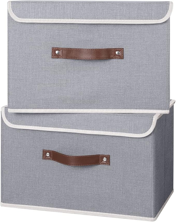 ANMINY Fabric Storage Box Bins with Lids, Gray, 15"x10"x10", 4 Pack | Keepsake Memory Storage, Cotton Linen, PP Board Reinforced, Washable, PU Handles, Foldable & Stackable, Decorative, Large
