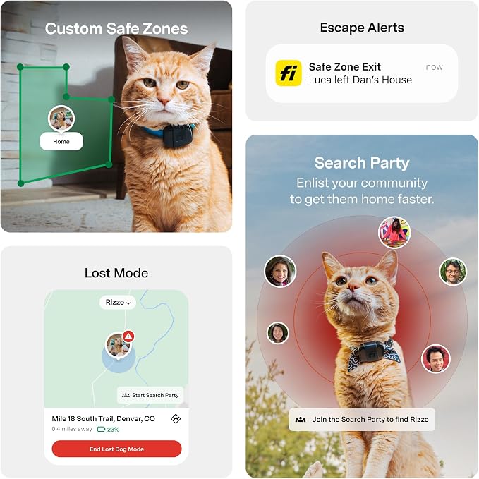 Fi Mini Attachable GPS + Activity Tracker for Cats, 12-Month Membership | Smart GPS collar attachment with virtual fences, escape alerts, health and step tracking. Lightweight and waterproof.