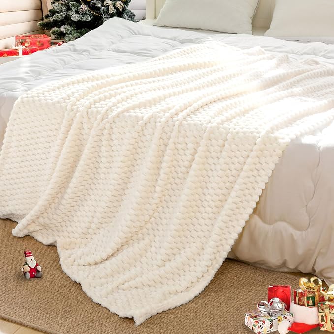 Bnuitland Ivory Flannel Throw Twin Size Blanket (60X80 inches), 300 GSM Fleece Cozy Warm Soft Home Decor Lightweight Bed Blanket for Adults, Suitable for All Seasons.