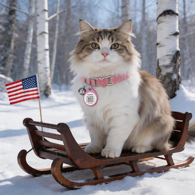 Heart Bling Cat Collar with Safety Belt and Bell Adjustable 8-13 inches for Kitten,Personalized Cat Collar with QR Code Smart ID tag, Pet Name and Phone Number on line,NO app(Pink)