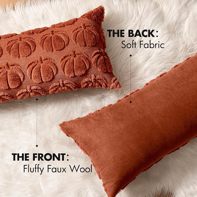 MIULEE Fall Pillow Cover Pumpkin Fall Decor Lumbar 14x36 Rust | Set of 2 Fall Decorations for Home, Plush Faux Fur Farmhouse Accent Pillowcase, Porch Sofa Couch Cushion Bed Livingroom