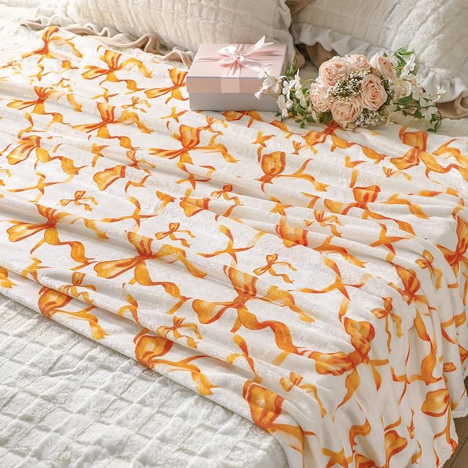 Orange Bow Throw Blanket 50"x60" Soft Flannel for Girls Women | Coquette Aesthetic Decor with Ruffled Edges, Ultra Plush Bed Sofa Blanket, Preppy Gift for Teens, Back to School Dorm Room