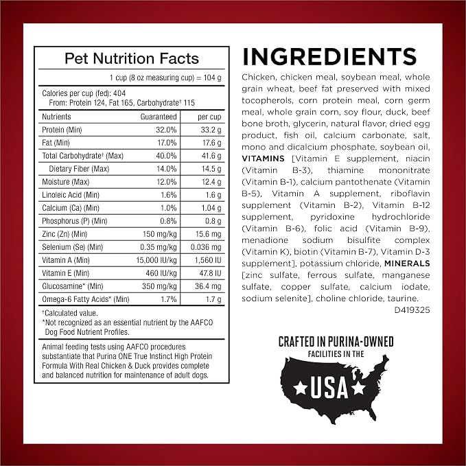 Purina ONE True Instinct High Protein Dog Food, Chicken & Duck, 27.5 lb Bag | Dry dog food, with 32% protein for strong muscles, natural with added vitamins, minerals and nutrients
