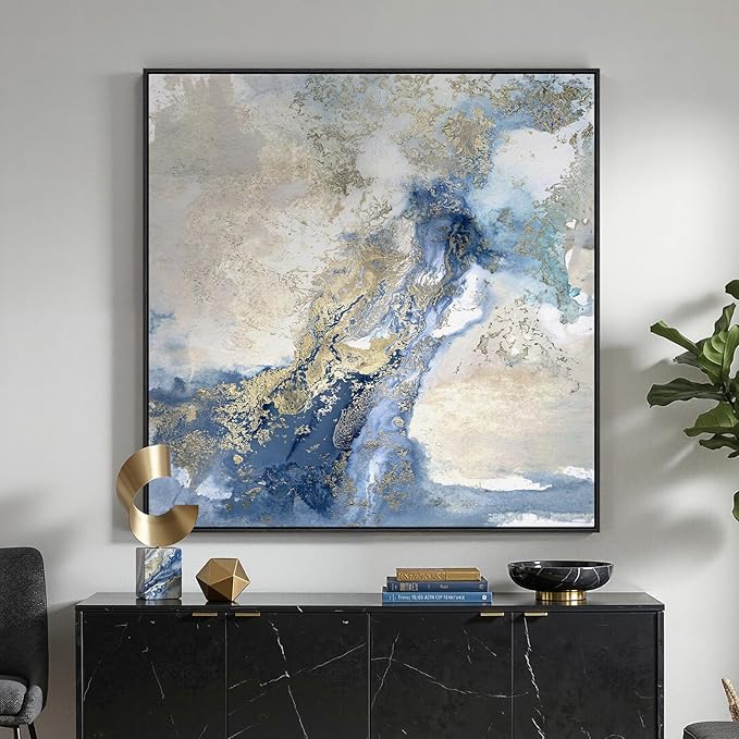 Extra Large Framed Blue Abstract Wall Art for Living Room, Oversized Square Modern Canvas Prints Paintings for Walls, Minimalist Blue White Gold Pictures for Dining Bedroom Hallway Wall Decor 40x40 In