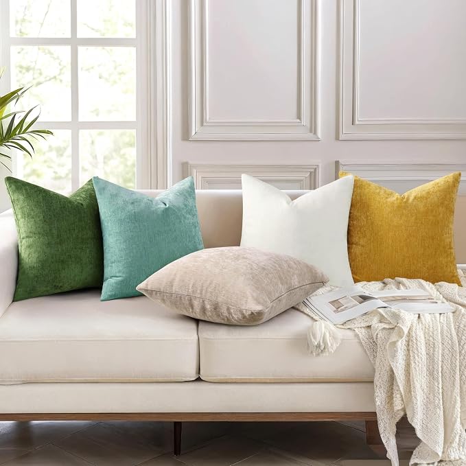 decorUhome Chenille Aqua Haze Throw Pillow Covers 18x18 Inch Set of 2, Decorative Soft Couch Pillow Covers Solid Dyed Accent Velvet Farmhouse Neutral Square Pillow Cases for Sofa Bed Living Room | Decorative Fall Couch Pillow Covers Solid Dyed Accent M...