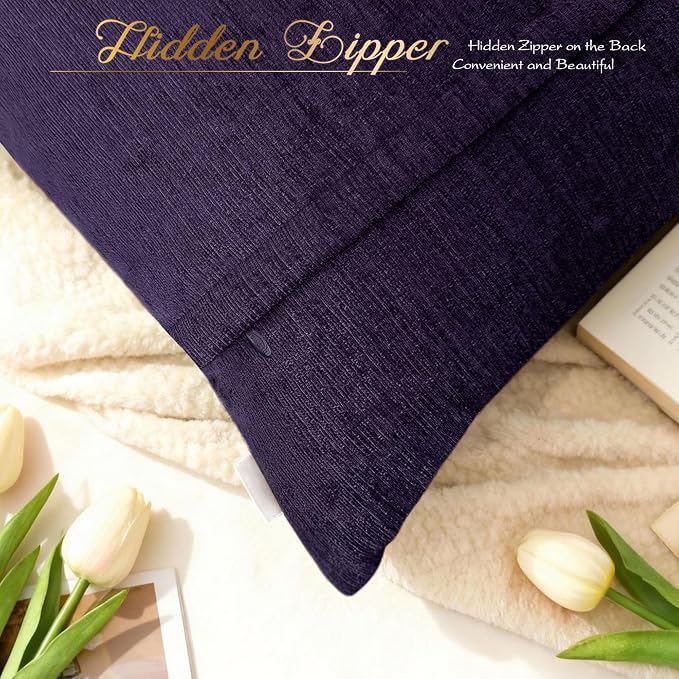 BRAWARM Chenille Throw Pillow Covers 12x20 Inches, Purple, 2 Pack | Decorative Lumbar Pleated Pillow Covers, Soft Cushion Cases for Sofa Bed Living Room Home Farmhouse (No Insert)