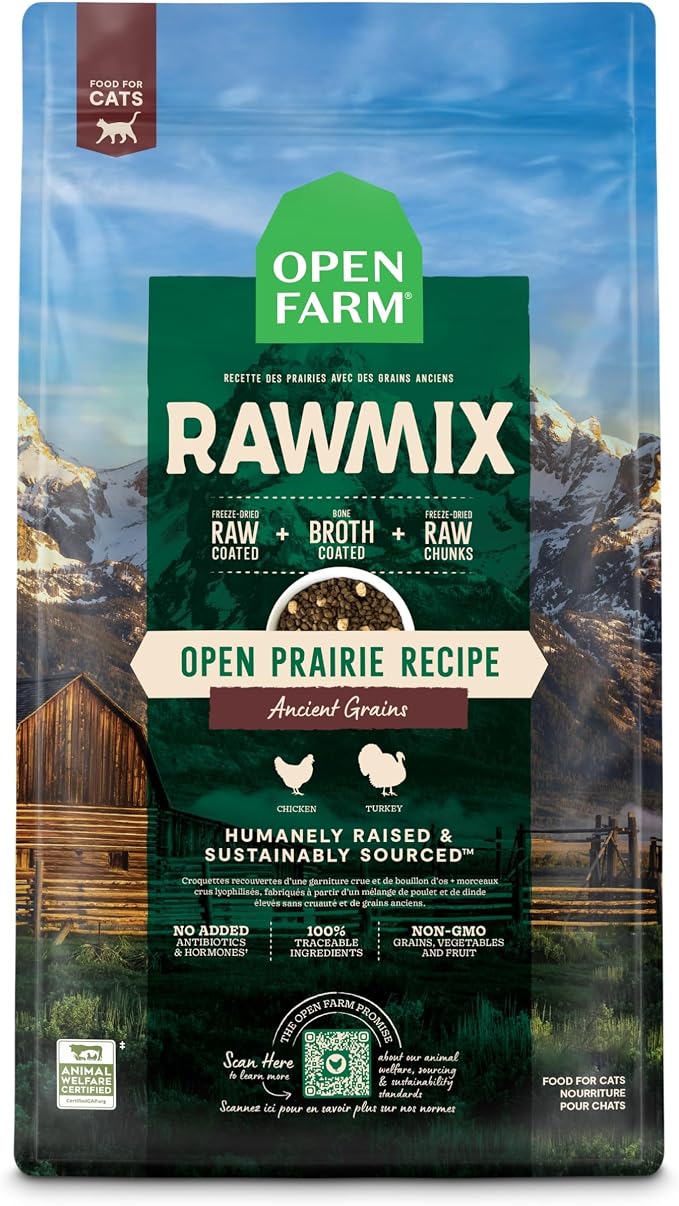 Open Farm RawMix Dry Cat Food, Open Prairie Grain Free Kibble, 2.25lb Bag | Humanely-Raised Chicken and Turkey, Freeze Dried Raw Chunks, 100% Traceable Ingredients, Non-GMO Fruits & Veggies.